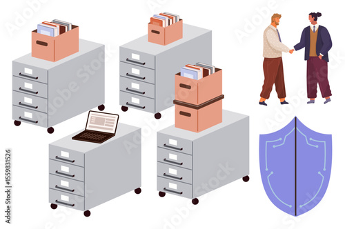 Filing cabinets with documents, laptop, shield for data protection, two people shaking hands. Ideal for teamwork, data security, office workflow, organization, collaboration business ethics trust