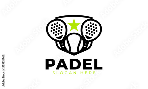 Modern padel logo design. Emblem symbol with racket, ball, and star concept. Padel tennis vector for team or club