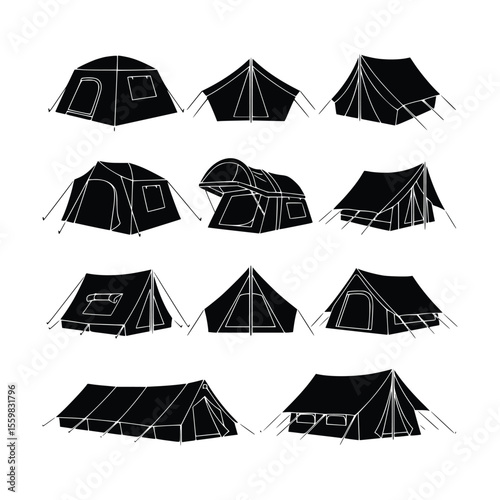 set of camping tent silhouette, black and white vector illustration