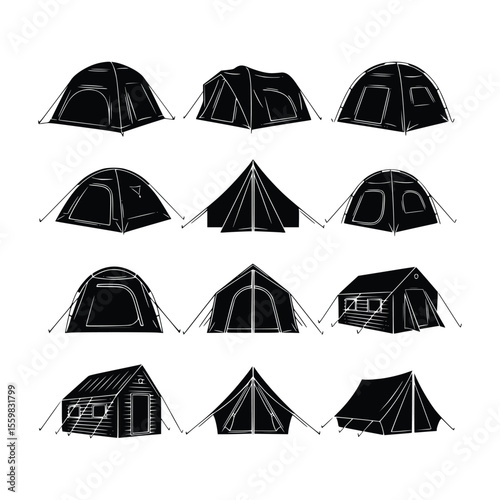 camping tent silhouette vector set, black and white illustration