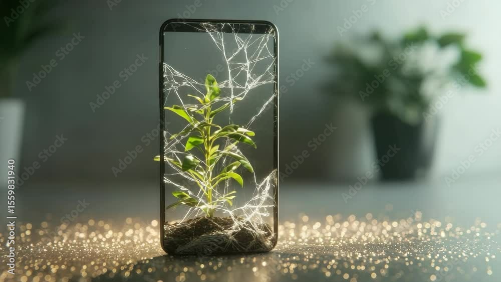 Growing plant from cracked smartphone screen, symbolizing digital detox