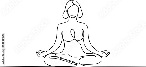 : A tranquil woman is depicted in a meditative pose, sitting cross-legged with her hands resting, all formed by a single, continuous line. 