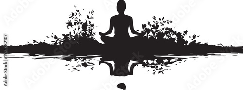 Silhouette of a woman meditating in a lotus pose, a peaceful yoga illustration.