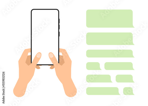 A hand holding a smartphone with a blank screen and chat box message bubbles template. Stock illustration.