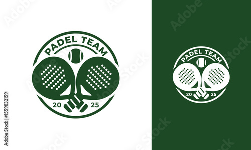 Padel team logo design. Racket symbol with ball and circle badge concept for sport club