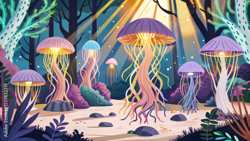 Fantasy underwater forest vector featuring glowing jellyfish-shaped trees, floating light beams, magical atmosphere, and surreal marine landscape vector ideal for ocean-themed illustrations