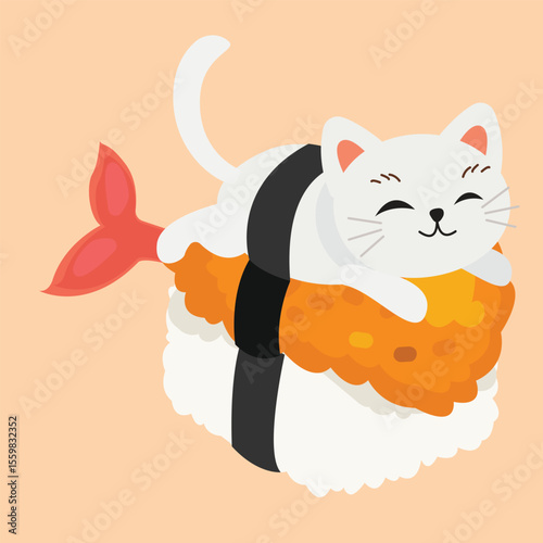 A white cartoon cat sleeps on a sushi roll