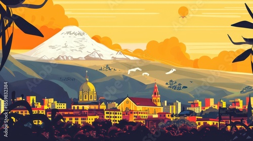 Scenic celebration of ecuador's independence day with majestic mountain views. Horizontal banner. Copy space. Flat illustration. Postcard from Quito