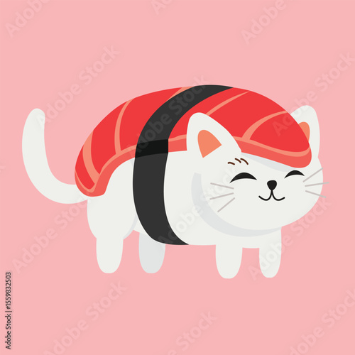Cartoon cat cosplays as sushi white fur fish topping on pink background