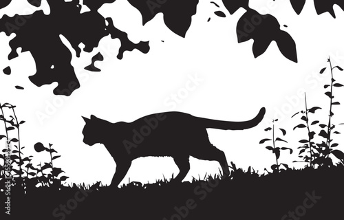 Wolf and cat silhouettes in the woods simple black vector illustration.