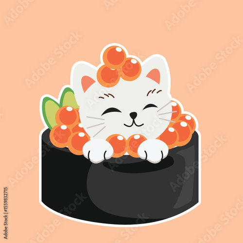 Catsushi roll sticker white cat sits in a black sushi roll topped with salmon roe and avocado on a peach background