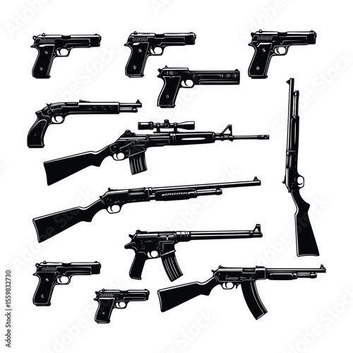 silhouette of gun vector set, black and white illustration