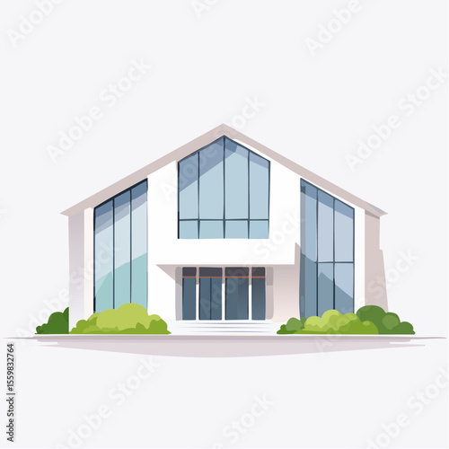 clean facade of a modern house with straight lines, large windows, and a neutral background
