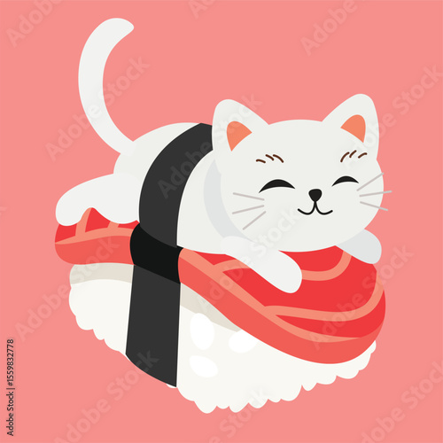 White cat rests atop a salmon sushi piece bound with nori against a pink background