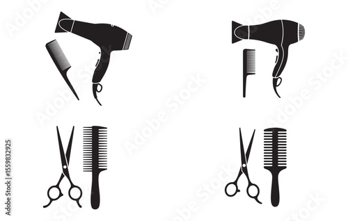 Black Hair Salon Tools Icons Set Hairdryer Comb Scissors Graphic Design Elements