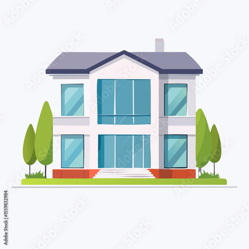 clean facade of a modern house with straight lines, large windows, and a neutral background