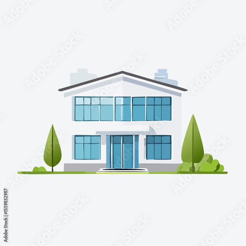 clean facade of a modern house with straight lines, large windows, and a neutral background