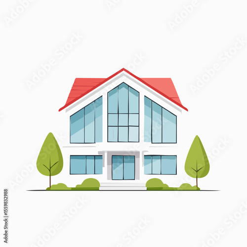 clean facade of a modern house with straight lines, large windows, and a neutral background