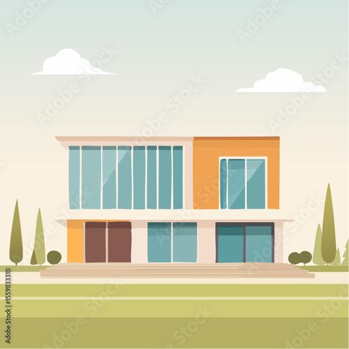 clean facade of a modern house with straight lines, large windows, and a neutral background
