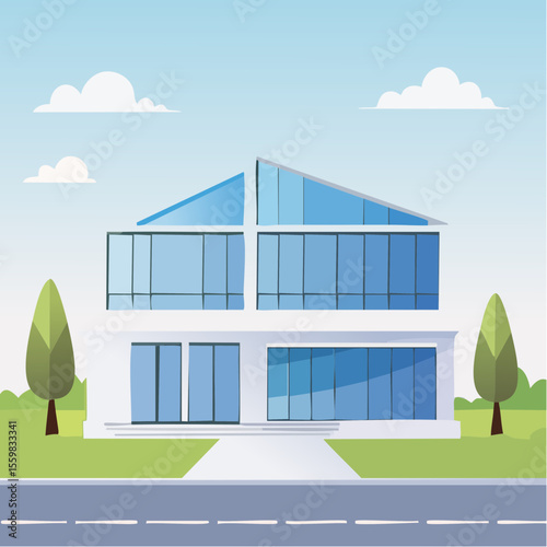 clean facade of a modern house with straight lines, large windows, and a neutral background