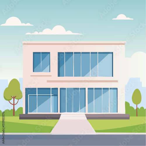 clean facade of a modern house with straight lines, large windows, and a neutral background