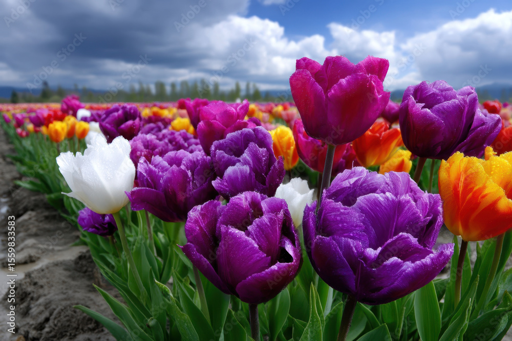 Colorful tulip field in bloom during a sunny day under a cloudy sky Colorful tulip field in bloom during a sunny day under a cloudy sky
