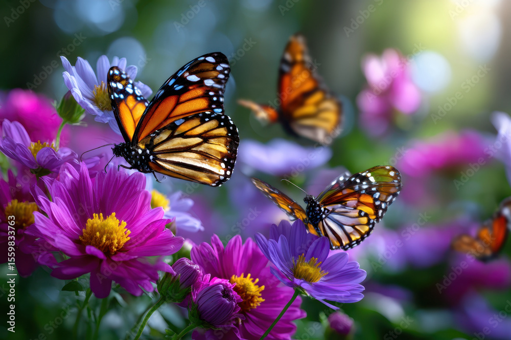 Fototapeta premium Monarch butterflies flutter among colorful flowers in a vibrant garden setting