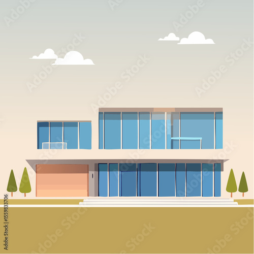 clean facade of a modern house with straight lines, large windows, and a neutral background