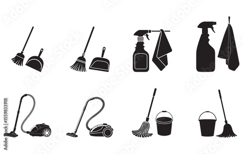 Black Silhouettes Cleaning Supplies Broom Dustpan Spray Bottle Mop Bucket Vacuum Cleaner