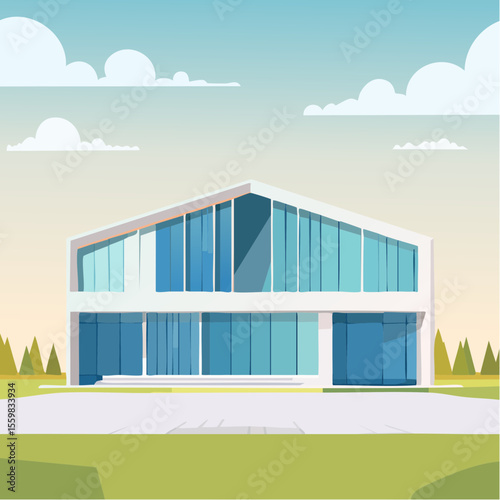 clean facade of a modern house with straight lines, large windows, and a neutral background