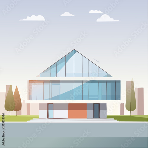 clean facade of a modern house with straight lines, large windows, and a neutral background