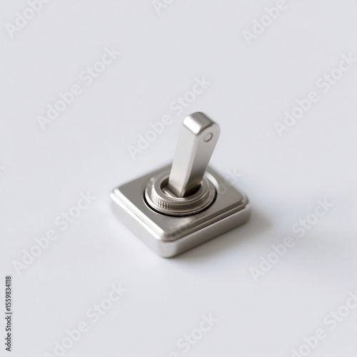 A miniature toggle switch with metal lever, isolated on a white background, photorealistic.