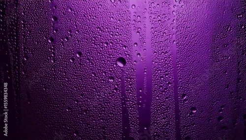 Drops flow gently down the glass surface, creating a seamless pattern of condensation against a deep, dark purple background. The closeup view highlights the delicate water droplets and their smooth m