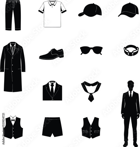  Stylish Men's Apparel & Accessories Silhouette Vector Set: Fashion, Formal & Casual Wear