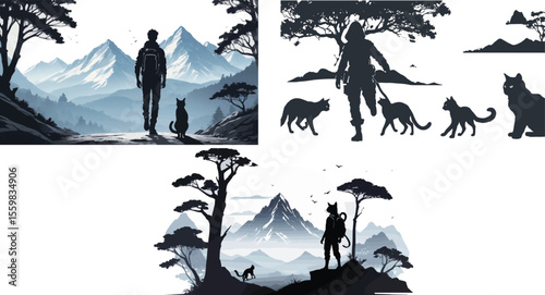 A vector illustration of a man and horse silhouette against a winter mountain landscape under a vast sky, capturing the spirit of cold-weather adventure