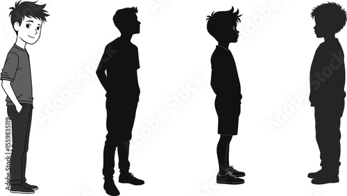 Black vector silhouettes of people, including a woman, men, and a family, standing as an illustration