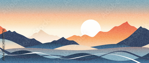 Minimalistic stylized landscape, mountain sunrise and sun, vector illustration, panoramic view