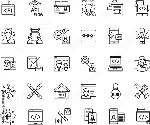 Web development set of web icons in line style. Developer icons for web and mobile app. Code, api, programmer coding, app, flow, node connect, web coder, bug fix and more. Vector illustration