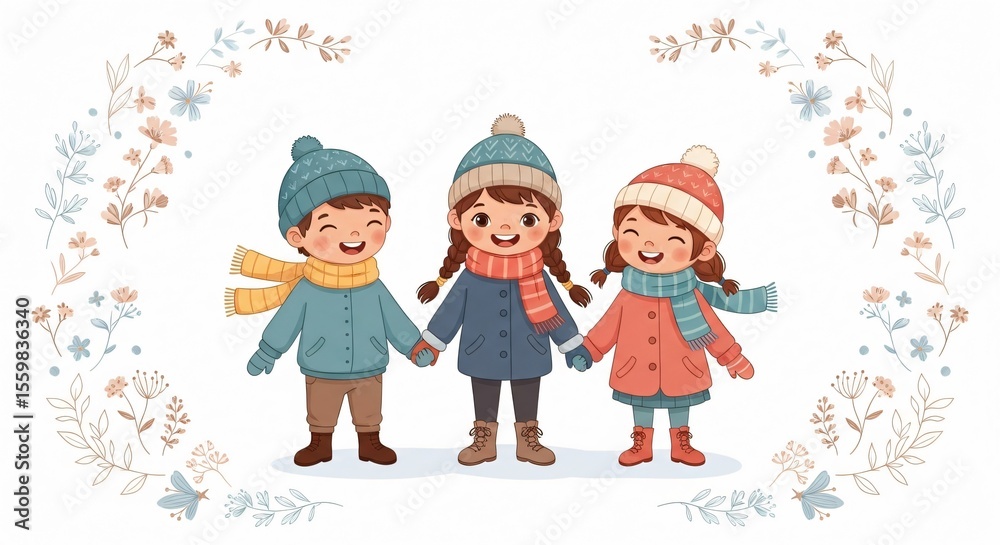 Winter kids illustration. Perfect for holiday cards, seasonal designs, and winter promotions. Charming children joyfully embrace the festive winter season. Winter kids illustration. Perfect for holiday cards, seasonal designs, and winter promotions. Charming children joyfully embrace the festive winter season.