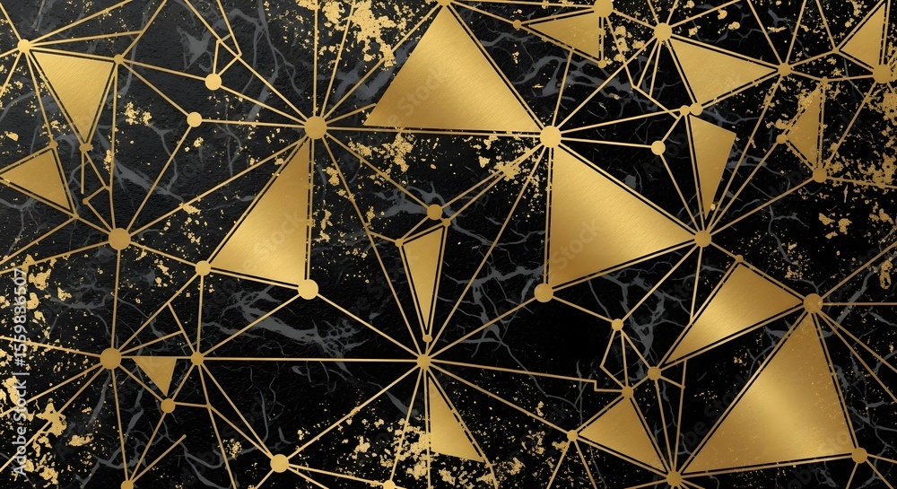 Fototapeta premium Luxury gold geometric pattern on black marble background elegant modern design template backdrop