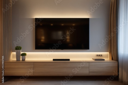 Minimalist living room setup featuring a large screen tv and a wooden tv stand with led lights