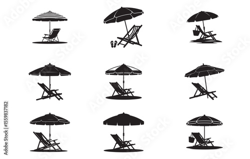 Nine Black Silhouettes Beach Umbrellas Deck Chairs Summer Vacation Relaxation Icons