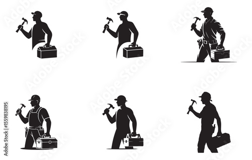 Six Black Silhouettes Construction Workers Hammers Toolboxes white