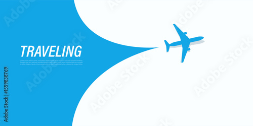 An Airplane Silhouette Opens Up the Translucent Cover Background Over the Text: Traveling. Blue Template Banner for Trip to Abroad or Vacation Web Ads. Discovering Around the World Travel Concept