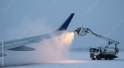 De-icing aircraft wing during snowy conditions at an airport, De-icing airplane wing with special truck in a snowy airport to prevent ice formation