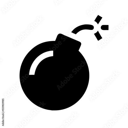Silhouette vector icon of a round bomb with a short fuse, symbolizing danger, explosion, and urgency. Clean black design on a white background