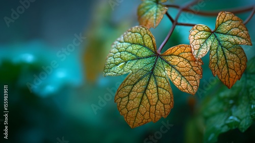 Macro Shot of Vibrant Green and Orange Leaves with Water Droplets