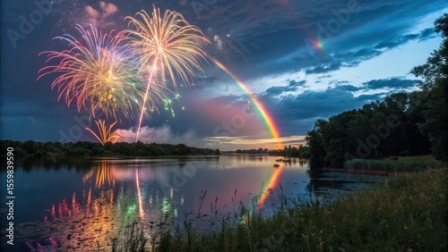 Vibrant fireworks and a rainbow reflected in a serene lake at dusk.