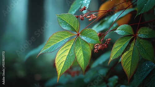Close-Up of Green Leaves with Raindrops in a Misty Forest