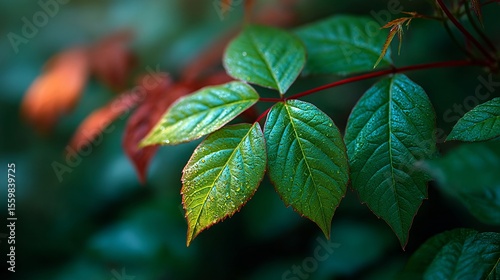 Close-Up of Dewy Green Leaves in Natural Botanical Environment